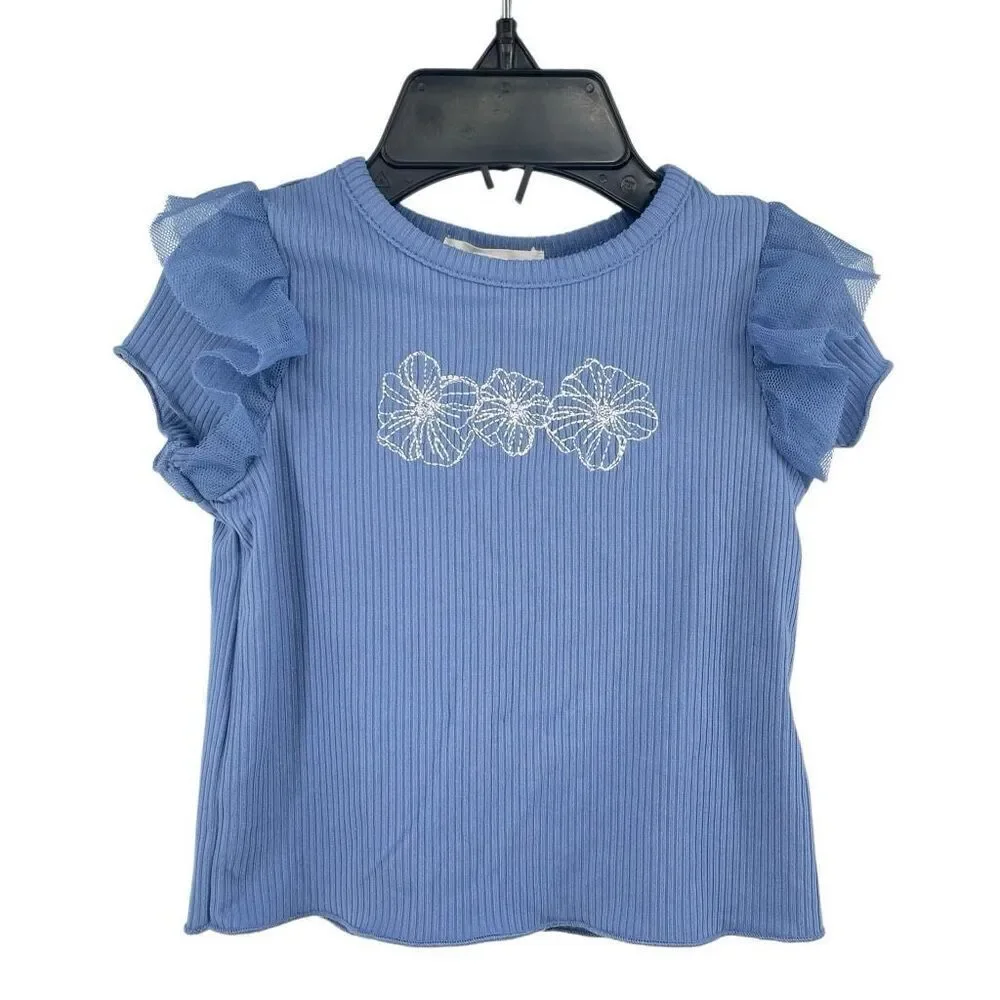 Btween Baby 3pc Floral Bell Bottom Outfit Blue Ruffle Top Leggings Headband 12M - Picture 3 of 15